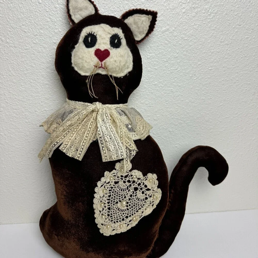 Vintage Hand Crafted Fabric Decorative Farmhouse Cottage Cat Folk Art Velvet